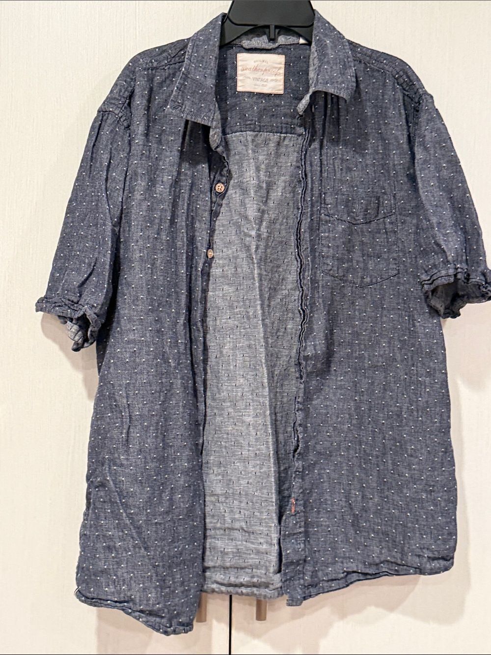 Weatherproof Navy Short-Sleeve Button-Down Shirt with Subtle Dot Texture